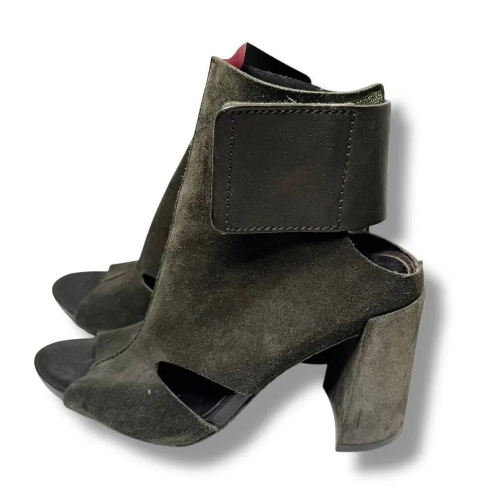 PEDRO GARCIA Suede Dark Olive Green Open Toe Sandals Shoes Heels EU 37.5 US 7.5